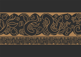 coffee bean line art pattern, cup, coffee plant abstract.Vector contour seamless strip repeat on black background. Natural aroma drink