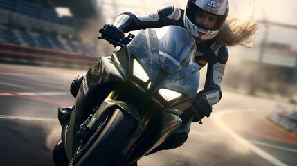 a girl on a black motorbike on a racing track enters a turn, generated by AI