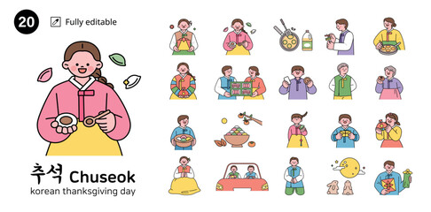 A big holiday in Korea. Family in traditional Korean costumes are making traditional food and giving gifts.