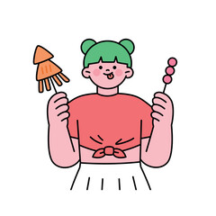 Festival. A girl is holding grilled squid and Tanghulu in both hands.