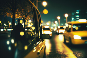 ai generated Illustration night city taxi driver, rain, lighting street. Yellow car - obrazy, fototapety, plakaty
