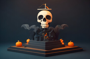 halloween skull on a podium paper art style ai generated background