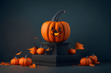 halloween pumpkin on a podium paper art style ai generated background