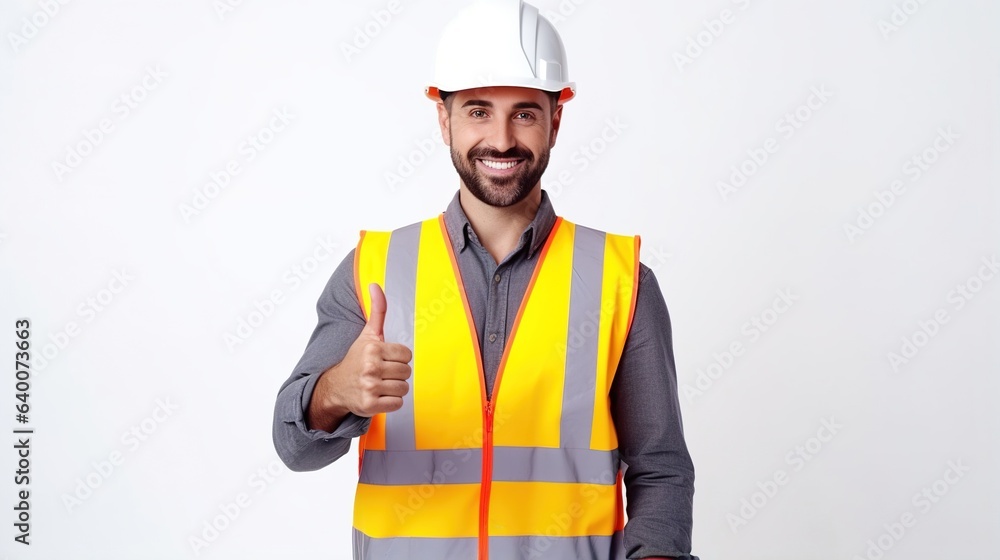Aufkleber young architect man with crossed arms and a smile over an empty background wearing a builder's safet