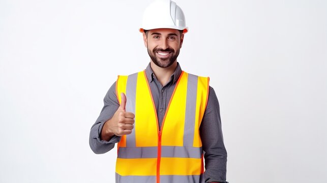 Young architect man with crossed arms and a smile over an empty background wearing a builder's safety helmet. generative ai