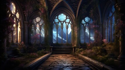 Fototapeta premium Interior of a Gothic building featuring elaborate window designs and shadowy elements that create an atmosphere of eerie grandiosity. captures the essence of Gothic mystery. Generative ai