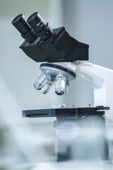 Closeup of Scientific microscope data analysis in the laboratory, medicine equipment setting in lab for chemistry or science research technology discovery, biotechnology or biology tool for study