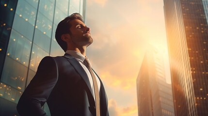 businessman standing in modern city looking and dreaming of future business success, thinking of new goals - obrazy, fototapety, plakaty
