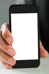 Digital png photo of caucasian man holding smartphone with copy space on transparent background