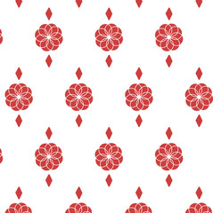 Digital png illustration of red flower design and diamonds repeated on transparent background