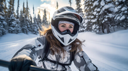 Fototapeta na wymiar Close up portrait of woman wearing protective helmet and ski goggles riding snowmobiles along snowy icy road in wintertime