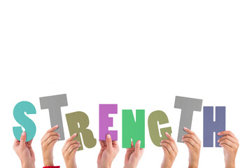 Digital png illustration of hands holding strength text on transparent background