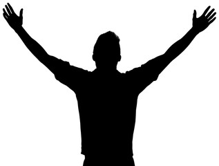 Digital png silhouette illustration of happy man with arms raised on transparent background