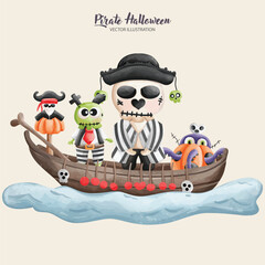 Playful Pirate Halloween Illustration - Watercolor Ghost and Skeleton Vector Art