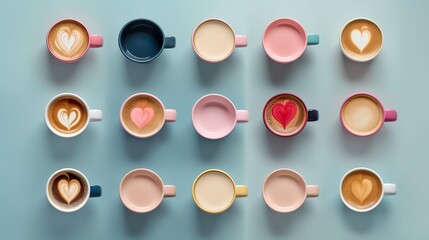 Aerial view of various latte coffee cups 
