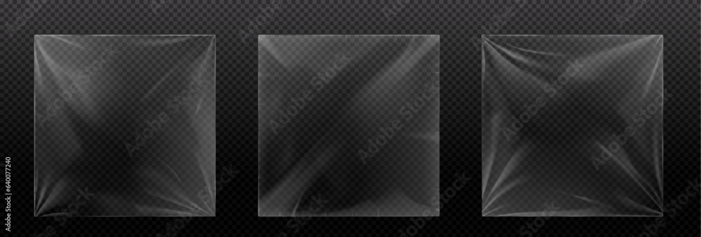 Poster vinyl cover with shrink effect - realistic transparent plastic package. vector illustration set - ov