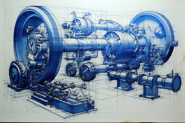 Sketch of industrial equipment in blue print - obrazy, fototapety, plakaty