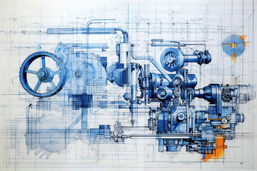 Sketch of industrial equipment in blue print - obrazy, fototapety, plakaty