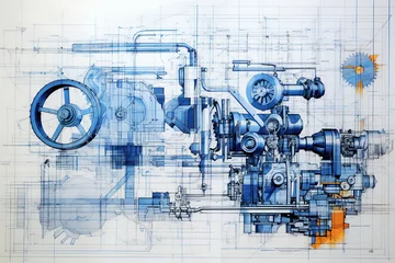 Fotobehang Sketch of industrial equipment in blue print © arhendrix