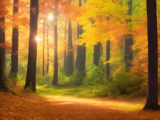 Autumn forest landscape. Blurred fantasy autumn background. Fallen leaves in autumn.