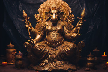 Fototapeta na wymiar Gold god ganesha statue indian festival