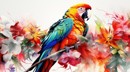 An image of a parrot surrounded by colorful tropical foliage, with bright plumage standing out against a bright white background.