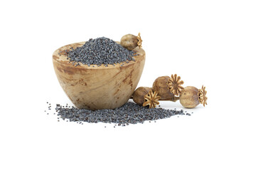 Poppy seeds and seed pod over white background