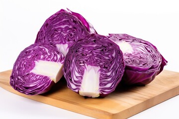 red cabbage slices on wooden board isolated on white background