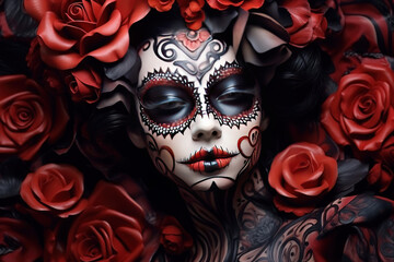 calavera with roses as eyes and a really dark background