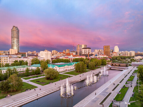 Embankment of the central pond and musical fountain. The historic center of the city of Yekaterinburg, Russia, Aerial View