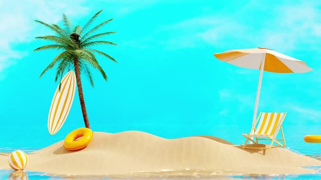 An umbrella, chair, ball, swimming buoys, surfboards and a tree falling down on the sand hill. Summer beach concept