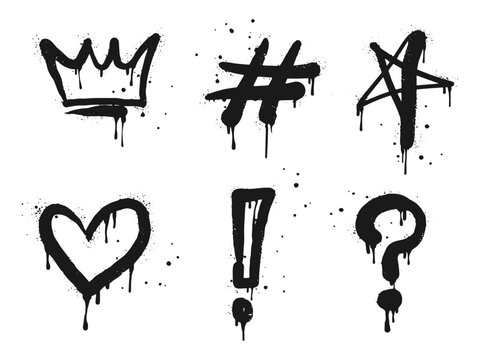 Spray painted graffiti Crown, star, question marks, heart, question drip symbol. isolated on white background. vector illustration
