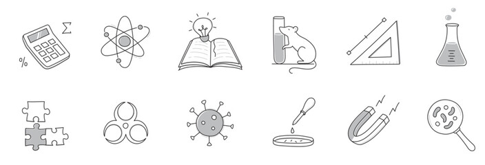 Laboratory doodle icon set. Hand drawn sketch line doodle style scientific education, chemistry laboratory, medicine experiment icon. Microscope, atom, magnet outline element. Vector illustration.