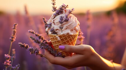 Hand holding ice cream lavender with lavender filed background , Popular of furano, hokkaido, japan