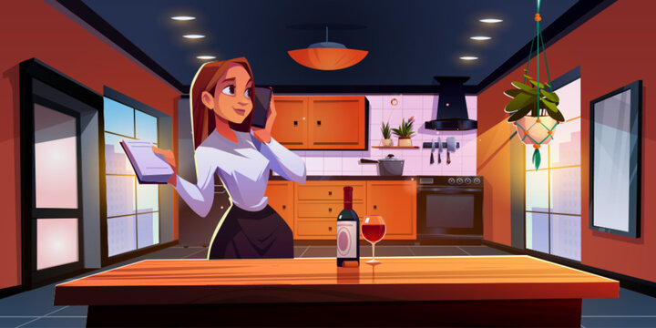Woman with phone in kitchen room with wine bottle cartoon illustration. Modern house design with cupboard, refrigerator, stove, oven and hood in orange color. Cozy light cooking and dining place