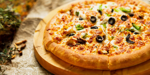 pizza on a wooden board