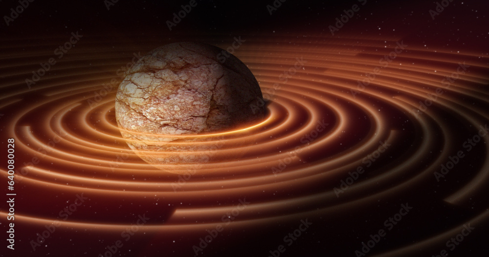 Poster abstract yellow brown space planet with a round asteroid belt ring futuristic hi-tech on the backgro