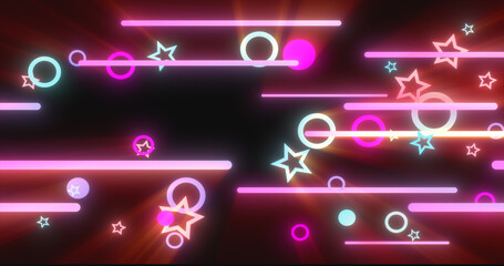 Obraz premium Purple red glowing geometric abstract background pattern of flying lines and circles