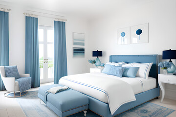 Bedroom preppy style interior with soft white fabrics and furnishings, armchair and of course, lots of blue tones.