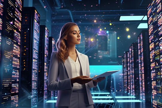 A young woman with a tablet computer stands in the middle of a server room. Collection and storage of large amounts of data. Checks the operation of servers and automation.
