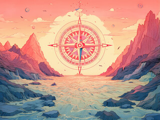 A Risograph Illustration of an Oversized Compass Guiding Adventurers - obrazy, fototapety, plakaty