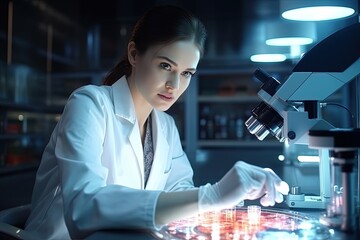Closep-up portrait of a young female researcher in protective eyeglasses working in a laboratory of a research institute. Creation of innovative medicines and vaccines.
