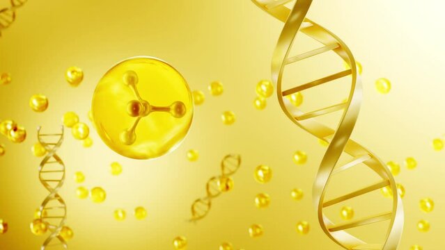 A yellow bubble with molecule inside is floating. Abstract digital rotating dna strand molecule behind. Many small bubbles is flying up