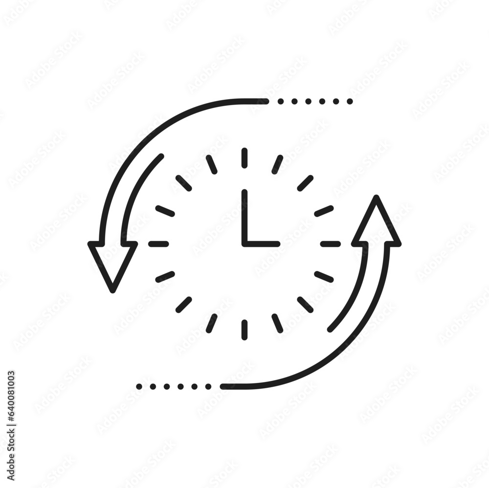Fototapete Timepiece with dial face and arrows, clock timer outline icon. Vector alarm stopwatch, watch face with thin line dial and rotating hands, time sign