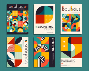 Geometric Bauhaus posters with abstract patterns, vector mosaic modern backgrounds. Scandinavian or Swiss Bauhaus color art and shapes patterns with abstract geometric mosaic for posters or covers