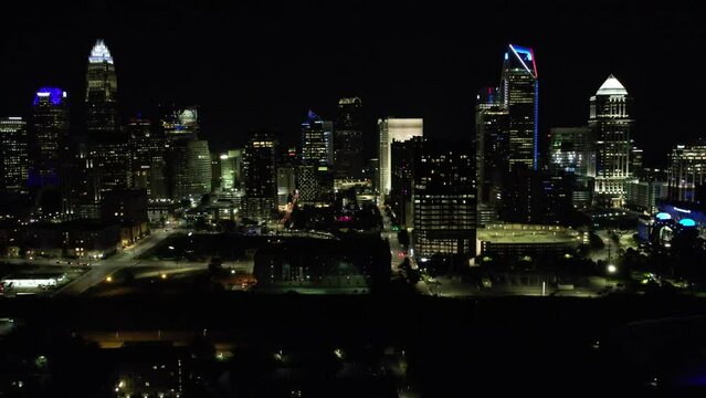 Aerial views from over downtown Charlotte North Carolina at night