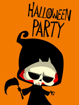 Illustration of cartoon grim reaper character.. Halloween design of poster or invitation 