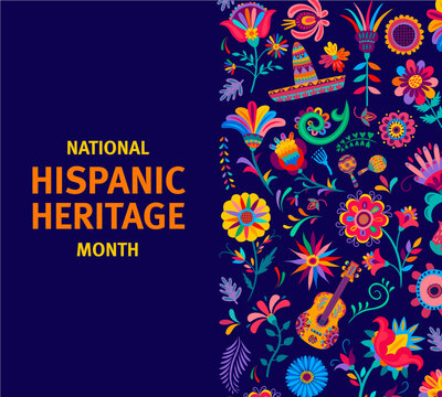 National Hispanic heritage month festival banner with ethnic floral ornament, vector background. Hispanic Americans culture, tradition and art heritage in ethnic ornament sombrero, guitar and flowers
