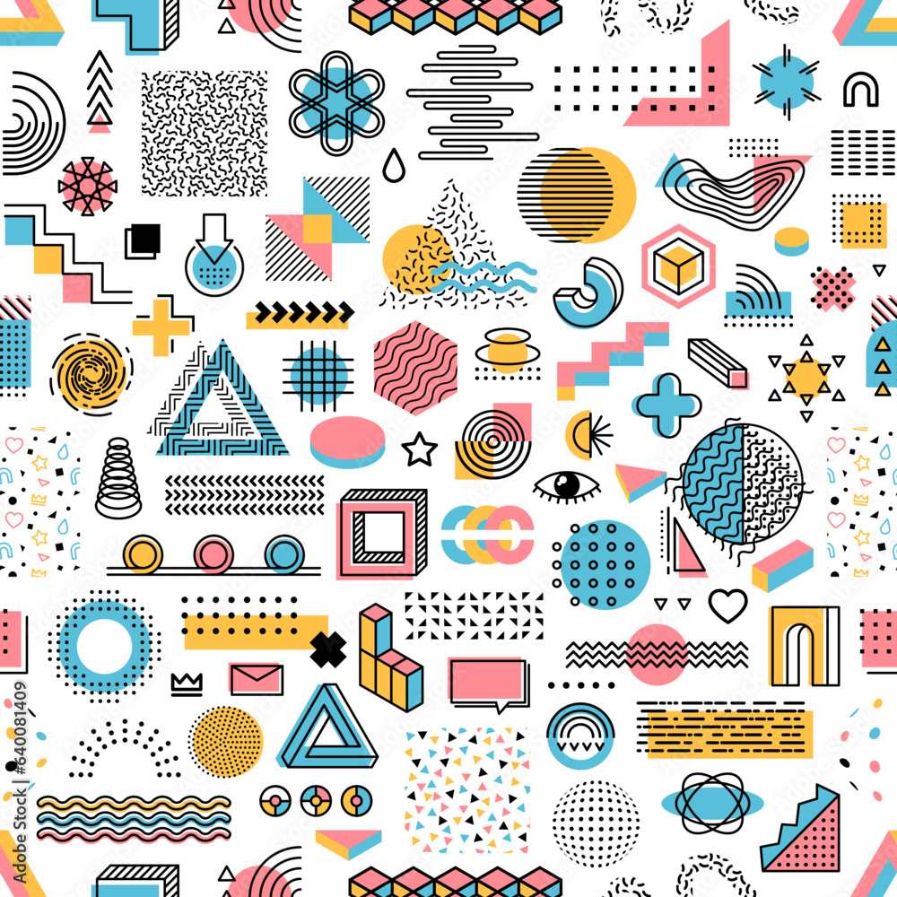 Poster memphis geometric colorful shapes seamless pattern. fabric or textile minimalistic line print with g