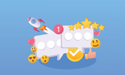 Social Media Marketing and Promotion speech bubble text with smiley emoji.on blue background.Vector Design Illustration.